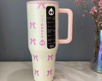 Gobelet de voyage Hydrojug 40 oz – personnalisé avec noeud rose | Cadeau pour elle | Coupe du voyageur