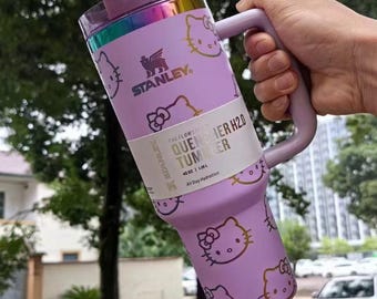 40oz Personalized Stanley Tumbler With Purple Colorful  Hello Kitty Design