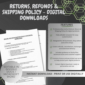 May include: A digital template for a returns, refunds, and shipping policy document. The text includes sections on overview, receiving products, and refunds. A features list highlights that it is editable in Google Docs and Microsoft Word.