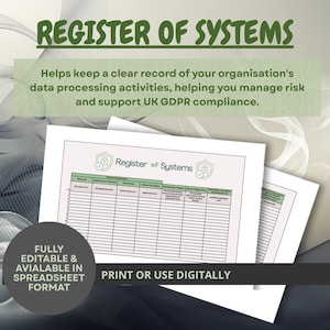 Puede incluir: Una plantilla de documento Registro de Sistemas para el cumplimiento del RGPD del Reino Unido. El documento presenta una tabla con columnas para identificación, descripción y categorías de datos. Texto editable y digital.