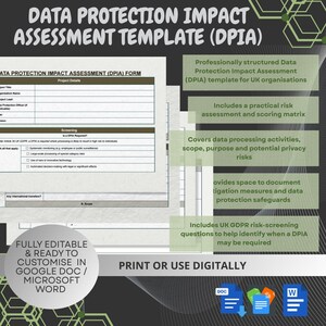May include: A Data Protection Impact Assessment (DPIA) template document featuring a form with sections for project details, screening, and scope. The document includes text boxes highlighting features like risk assessment, scoring, and UK GDPR compliance.
