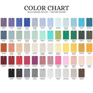 Puede incluir: Una carta de colores para camisetas jaspeadas Bella Canvas 3001CVC, que muestra una cuadr&iacute;cula de numerosas muestras de tela en varios tonos. Cada muestra est&aacute; etiquetada con su nombre de color jaspeado, desde morados y azules hasta verdes, amarillos, rojos, rosas, grises y marrones.