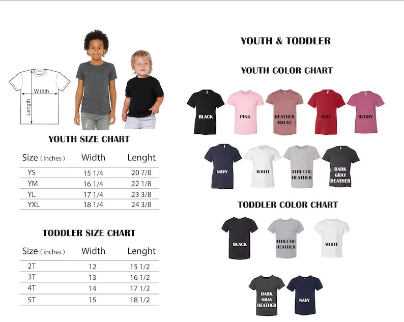 Puede incluir: Una tabla de tallas y colores de camisetas para j&oacute;venes y ni&ntilde;os peque&ntilde;os. Incluye un diagrama con etiquetas de ancho y largo, tablas que enumeran las tallas YS a YXL y 2T a 5T en pulgadas, y muestras de color para camisetas en negro, rosa, malva, rojo, baya, azul marino, blanco y gris.