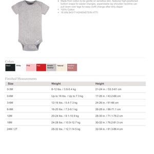 Puede incluir: Un body para beb&eacute; de color gris jaspeado con mangas cortas, cuello extensible en los hombros y broches a presi&oacute;n en la parte inferior. El producto est&aacute; etiquetado como Gerber Baby Onesie e incluye una tabla de tallas con pesos de 3,6 a 14,5 kg y alturas de 43,2 a 86,4 cm.
