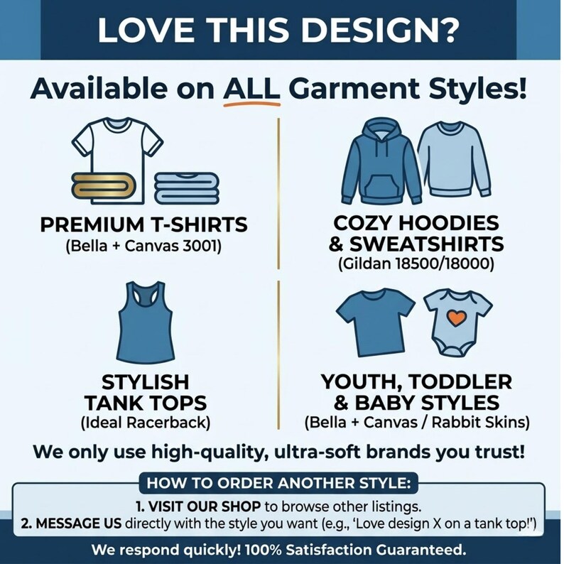 Puede incluir: Un gr&aacute;fico informativo titulado LOVE THIS DESIGN? Available on ALL Garment Styles! Muestra iconos de camisetas, sudaderas con capucha, sudaderas, camisetas sin mangas y ropa para ni&ntilde;os y beb&eacute;s con marcas e instrucciones de pedido.