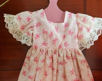 Vintage Baby or Doll Dress, Cotton Print Lace Trim, Baby or Doll Clothes