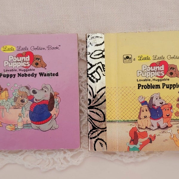 2 Vintage Mini Little Golden Books, Pound Puppies by Hardees 1990, Miniature Collectible Children's Books