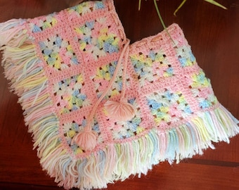 Vintage Crocheted Baby Shawl, Cape or Poncho~ Pastel Baby or Doll Clothes