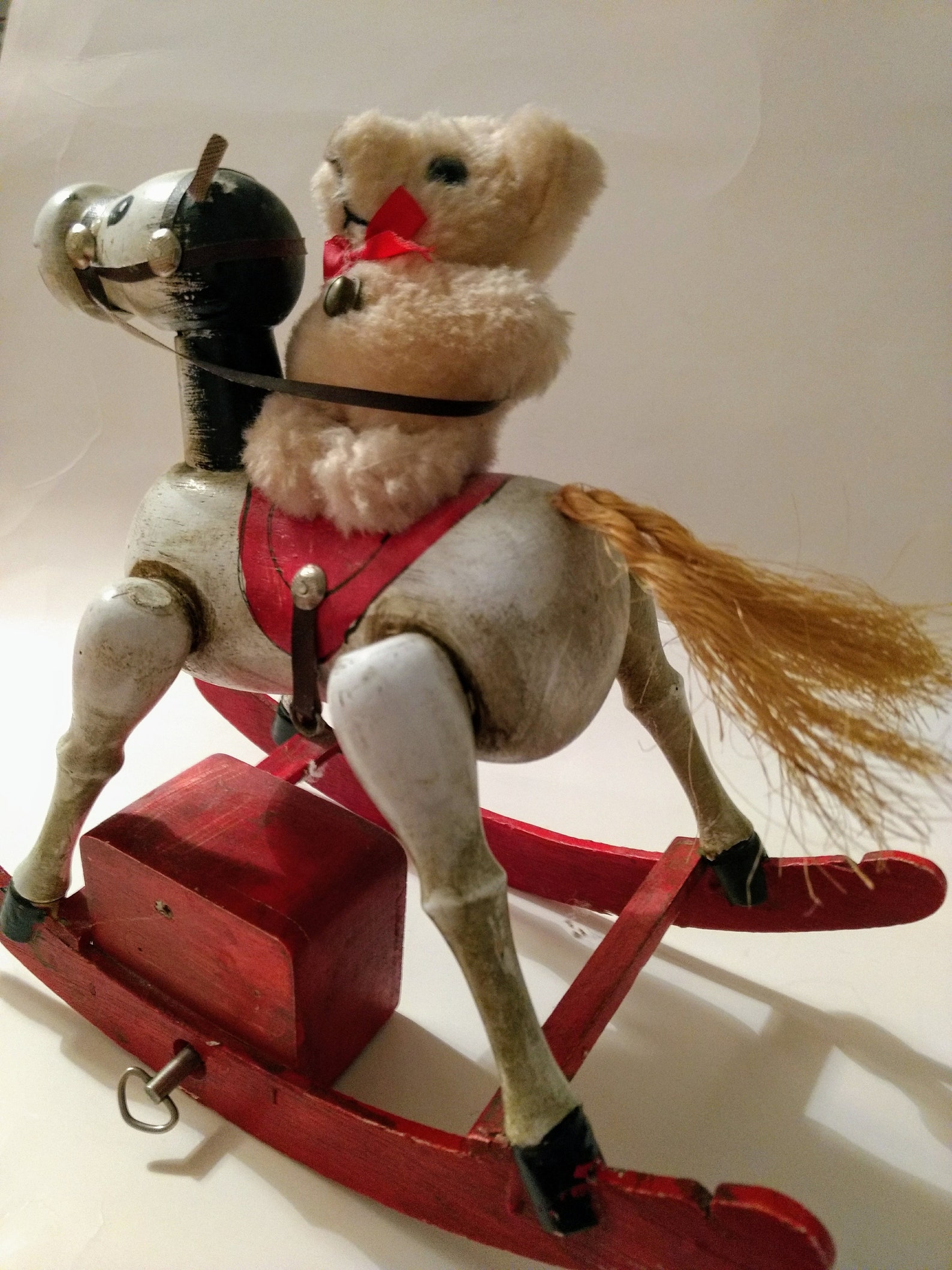Vintage Wooden Rocking Horse Music Box With Teddy Bear Riding Etsy