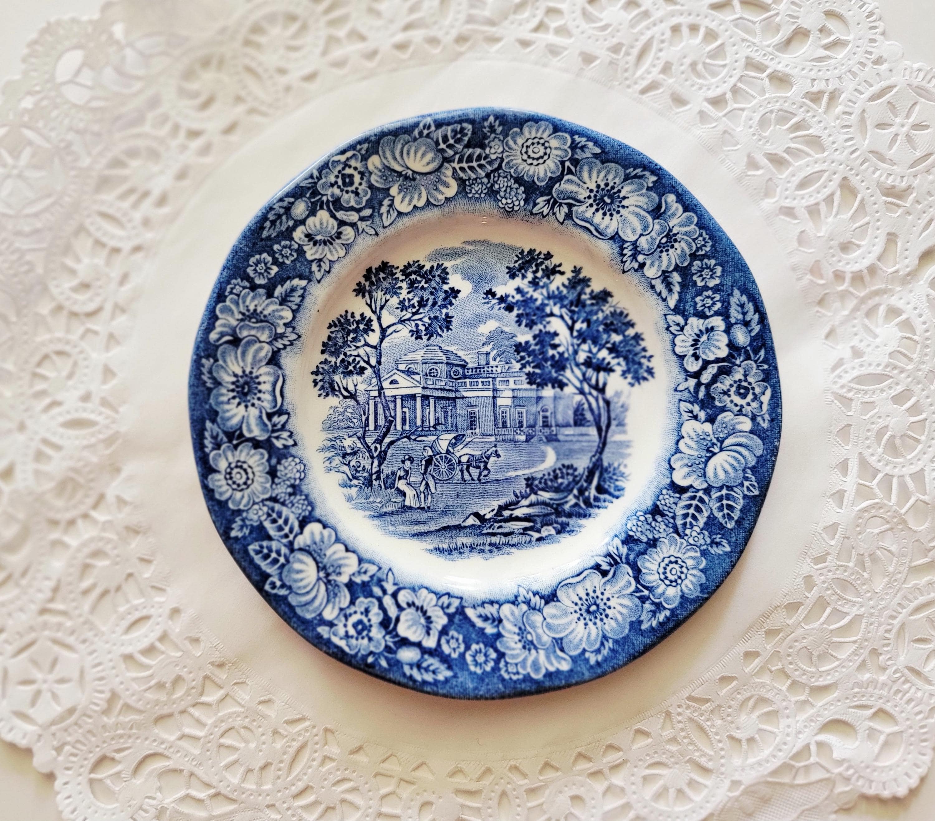 Vintage Bread Plate Liberty Blue Staffordshire Ironstone Monticello England, Blue and White Americana Porcelain Dishes, 5.75" *LAST ONE