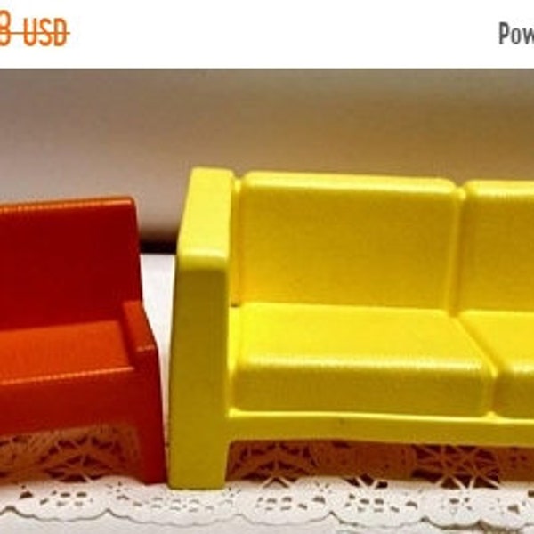 Vintage Mattel 1970s Barbie Furniture Collection~Yellow Sofa and Orange Bench...MOD Barbie Townhouse Furniture