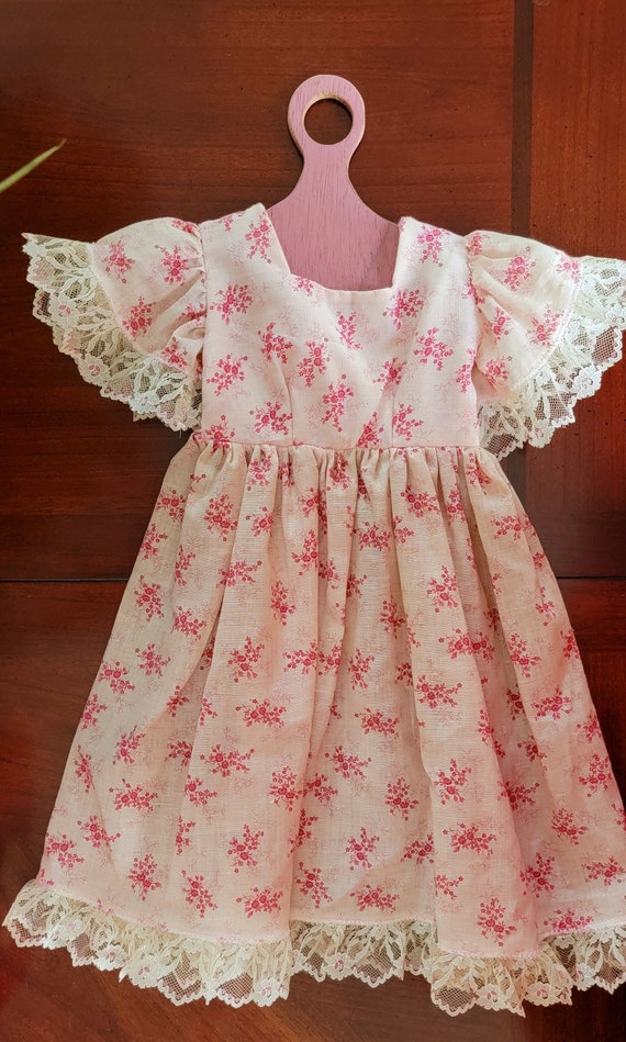 Vintage Baby or Doll Dress, Cotton Print Lace Trim