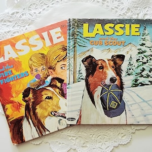 Pair Vintage Whitman Children&#39;s Books: Lassie and The Cub Scout and Lassie and the Firefighters. 1960s Collectible Children&#39;s Books.