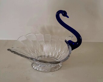 Vintage Cobalt Blue and Glass Swan Bowl