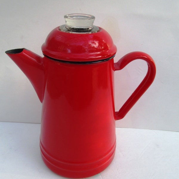 Vintage Red Enamel Coffee Pot....kitsch kitchen..chic shabby home decor...