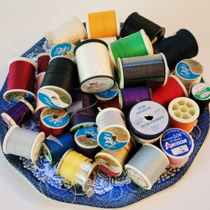 Collection of 35 Vintage Polyester Sewing Thread on Spools, Large Lot