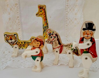 5 Vintage 1962 Fisher Price Wooden Circus Animals, from Circus Wagon #900