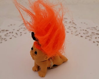 Russ Troll Crawling Baby 2" Native American with feather Doll, bright orange hair