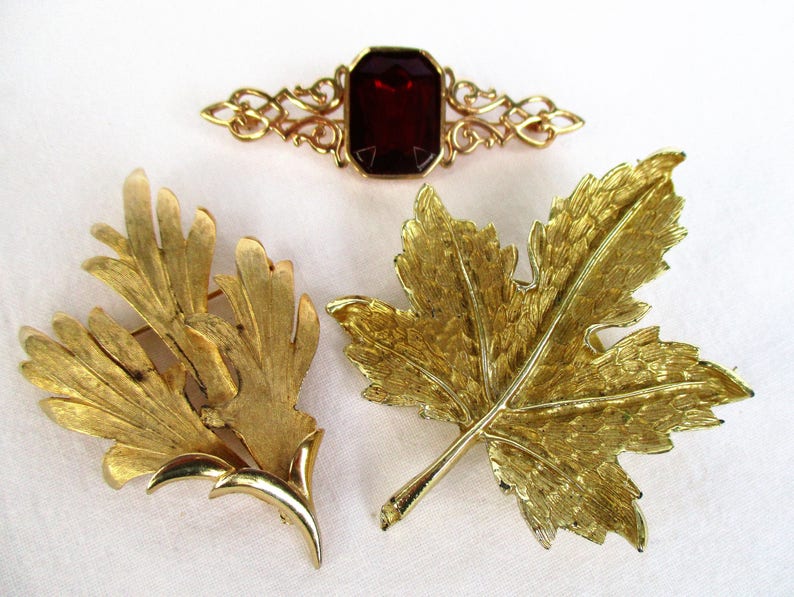 one marked Trifari Vintage Collection of 5 Brooches...Costume Goldtone Ruby Red Acrylic stone~Instant Jewelry Collection