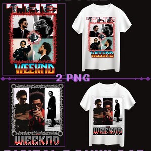 Puede incluir: Camisetas blancas con un diseño gráfico que presenta múltiples imágenes de una persona con gafas de sol. El texto "THE WEEKND" se muestra en una fuente retro. La imagen también incluye el texto "PNG FILE" y "DIGITAL DOWNLOAD".