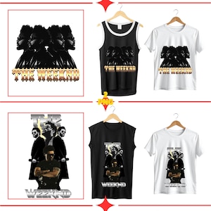 Puede incluir: Una colección de camisetas y camisetas sin mangas con gráficos de The Weeknd. Los diseños incluyen imágenes del artista y los textos "THE WEEKND" y "WEEKND" en varios estilos. Las camisetas son blancas y negras.