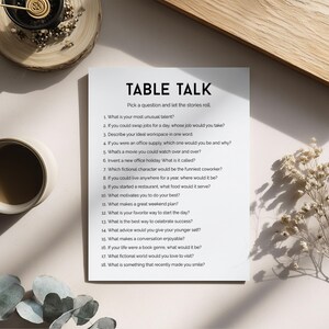 May include: A top-down view of a sheet of paper with the title "TABLE TALK" and discussion prompts. A coffee cup, decorative elements, and a wooden board are arranged around it.
