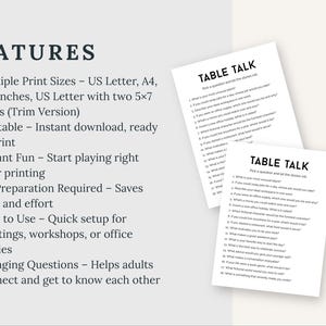 May include: Two white paper sheets with the text "TABLE TALK" and a list of questions. The sheets are angled on a light grey background. The left side of the image has a list of features in black text.