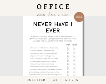 オフィス向け「Never Have I Ever」ゲーム、チームビルディングゲーム、オフィスパーティーゲーム、オフィス向け「Ever Or Never」、印刷可能なアイスブレーカー、モダンミニマリストゲーム