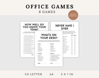 チームビルディングオフィスゲームバンドル、Never Have I Everゲーム、How Well Do You Know Your Team、オフィススカベンジャーハントゲーム、印刷可能なアイスブレーカー