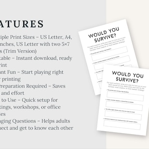 May include: Two white printable game sheets titled "WOULD YOU SURVIVE?" are displayed. The sheets have fill-in-the-blank prompts for team-building exercises. The left side of the image lists features, including multiple print sizes and instant download.