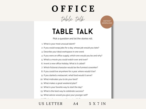 Printable Office Table Talk Game, Get To Know You Icebreaker Games For Work, Office Team Building Game, Fun Dinner Conversation Starter Game