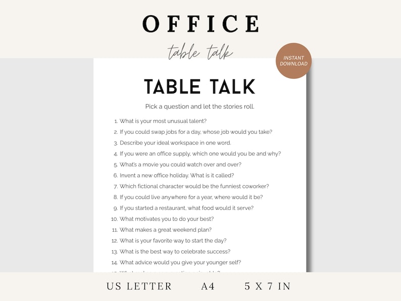 Printable Office Table Talk Game, Get To Know You Icebreaker Games For Work, Office Team Building Game, Fun Dinner Conversation Starter Game image 1