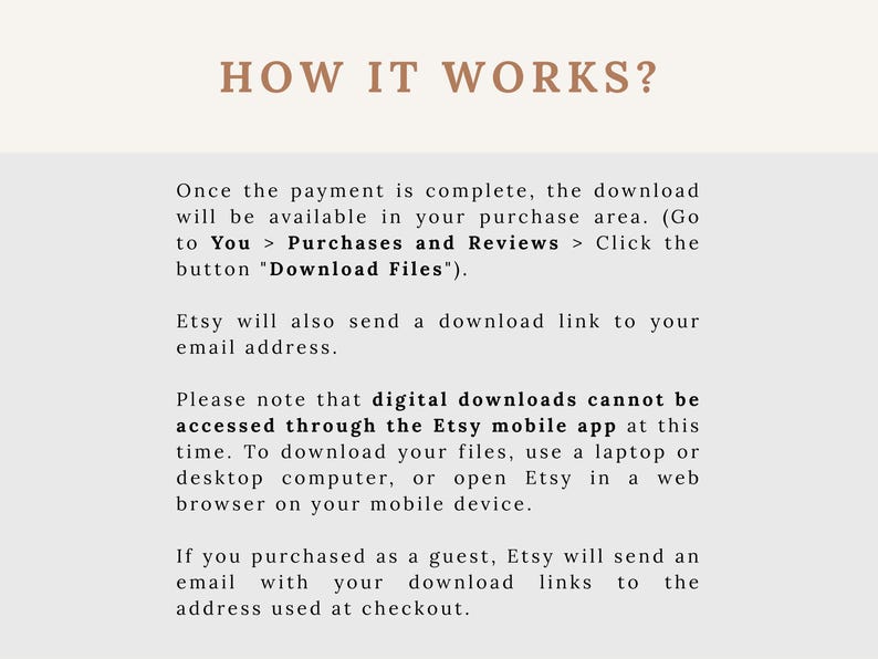 May include: Cream-colored graphic with the text "HOW IT WORKS?" in brown. Instructions explain how to download digital files after purchase, including accessing them via a laptop or desktop computer, or a web browser on a mobile device.