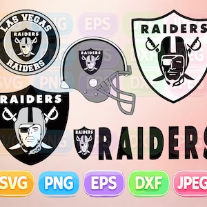 May include: A collection of Las Vegas Raiders logos and graphics in black, white, and gray. The designs include the team's shield logo, a football helmet, and the word "RAIDERS" in bold letters. The image also includes file type icons.