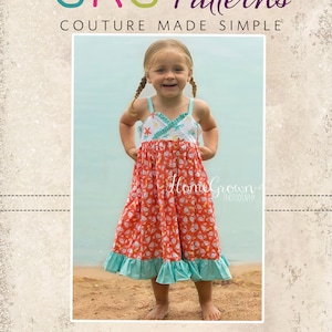 May include: A young girl wearing a coral and turquoise dress with a crab print. The dress has a ruffled hem and straps. The girl is standing on a sandy beach. The image includes the text "CKC Patterns Couture Made Simple" and "CKC Kids".