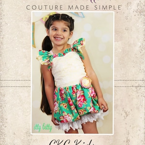 May include: A young girl wearing a floral print dress with a white lace trim. The dress has a cream-colored bodice and green skirt with red and pink flowers. The image includes the text "CKC Patterns" and "CKC Kids".
