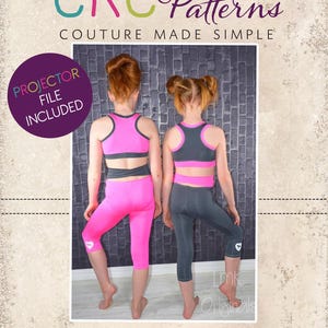 May include: Two girls wearing pink and grey leggings and matching crop tops. The tops have a black band across the chest. The leggings have a small heart logo on the lower leg. The image includes the text "CKC Patterns Couture Made Simple" and "CKC Kids".