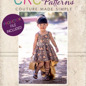 May include: A girl wearing a high-low floral dress with a gold underskirt and black sandals. The dress has a high-low hemline, with the front being shorter than the back. The girl is holding a wicker basket in her right hand. The image includes the text "CKC Patterns Couture Made Simple" and "CKC Kids".