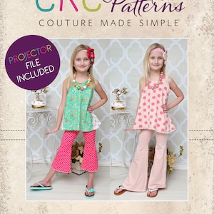 May include: Two girls wearing pink and green tops and pants with white polka dots. The girls are wearing headbands and necklaces. The image includes the text "CKC Patterns Couture Made Simple" and "CKC Kids".