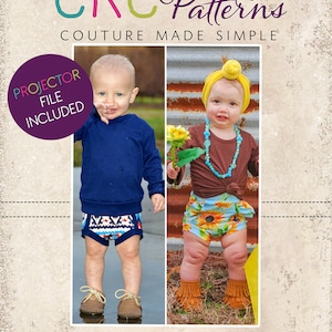 May include: Two children wearing different outfits. The child on the left is wearing a blue long-sleeved shirt and patterned shorts. The child on the right is wearing a brown shirt with a beaded necklace, a yellow headband, and floral print shorts. The text "CKC Patterns Couture Made Simple" is at the top of the image. The text "PROJECTOR FILE INCLUDED" is in a purple circle at the top left of the image. The text "CKC Kids" is at the bottom of the image.