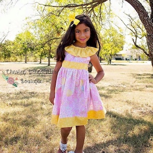 Adelaide&#39;s Girls Ruffle Neck Top, Dress & Maxi Dress PDF Pattern - Sizes 6/12m to 8 girls