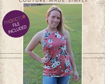 May include: A woman wearing a pink floral halter top and blue jeans. The top has a white and gray floral pattern. The image includes the text "CKC Patterns" and "COUTURE MADE SIMPLE". A purple circle reads "PROJECTOR FILE INCLUDED".