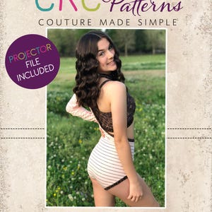 May include: A woman wearing a brown and white striped leotard with a brown and black floral design on the top. The leotard is part of a dance costume. The image includes the text "CKC Patterns Couture Made Simple" and "CKC Adults".