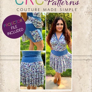 Op de afbeelding: Een digitaal naaipatroon voor een gelaagde rok met een blauwe tailleband en een bloemenprint. Het patroon bevat een projectorbestand. De tekst "CKC Patterns Couture Made Simple" en "CKC Adults" is zichtbaar in de afbeelding.