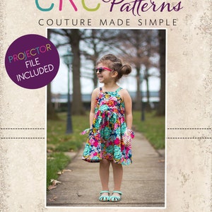 May include: A girl wearing a floral dress and sunglasses stands on a pavement. The text "CKC Patterns Couture Made Simple" and "CKC Kids" is visible. A purple circle with the text "Projector File Included" is in the top left corner.