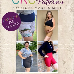 Puede incluir: Un collage de cuatro imágenes que muestran a diferentes mujeres usando varios estilos de pantalones cortos. El texto "CKC Patterns Couture Made Simple" y "CKC Adults" aparecen en la imagen. Se incluye un archivo de proyector.