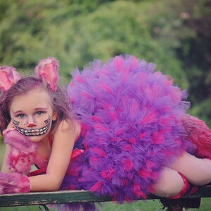 May include: A young girl dressed as the Cheshire Cat from Alice in Wonderland. She is wearing a purple and pink tulle tutu, pink cat ears, and has cat-like makeup on her face. She is sitting on a wooden bench with a green grassy background.