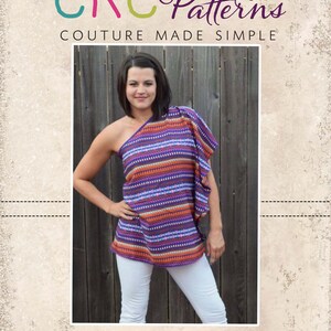 May include: A purple, orange, and white striped one-shoulder top with a ruffle detail. The top is worn by a model against a wood background. The text "CKC Patterns Couture Made Simple" and "CKC Womens" is visible in the image.