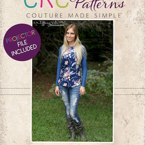 May include: A woman wearing a blue and floral long-sleeved shirt, distressed blue jeans, and brown boots. The image is framed with a textured background and the text "CKC Patterns Couture Made Simple" and "PROJECTOR FILE INCLUDED" is visible.