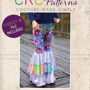 May include: Colorful patterned pants with a flared bottom. The pants feature a vibrant print with cartoon characters and a layered, shimmering ruffle design in shades of silver, pink, green, and blue. The image includes the text "CKC Patterns" and "CKC Kids".